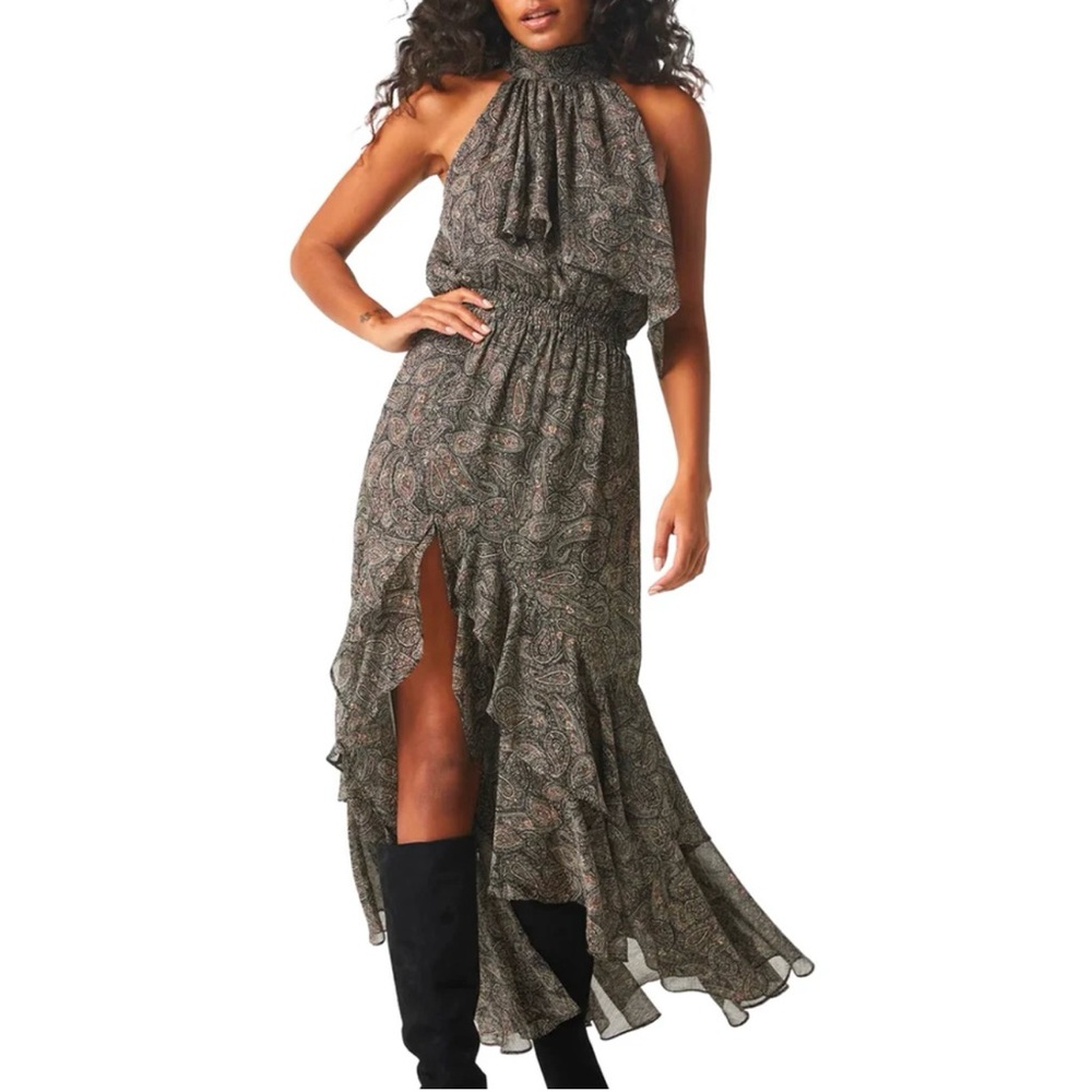 Misa Los Angeles Aneva Black Paisley Shimmer Midi Dress